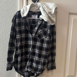 Old Navy Black and White Plaid Hooded Flannel Shirt